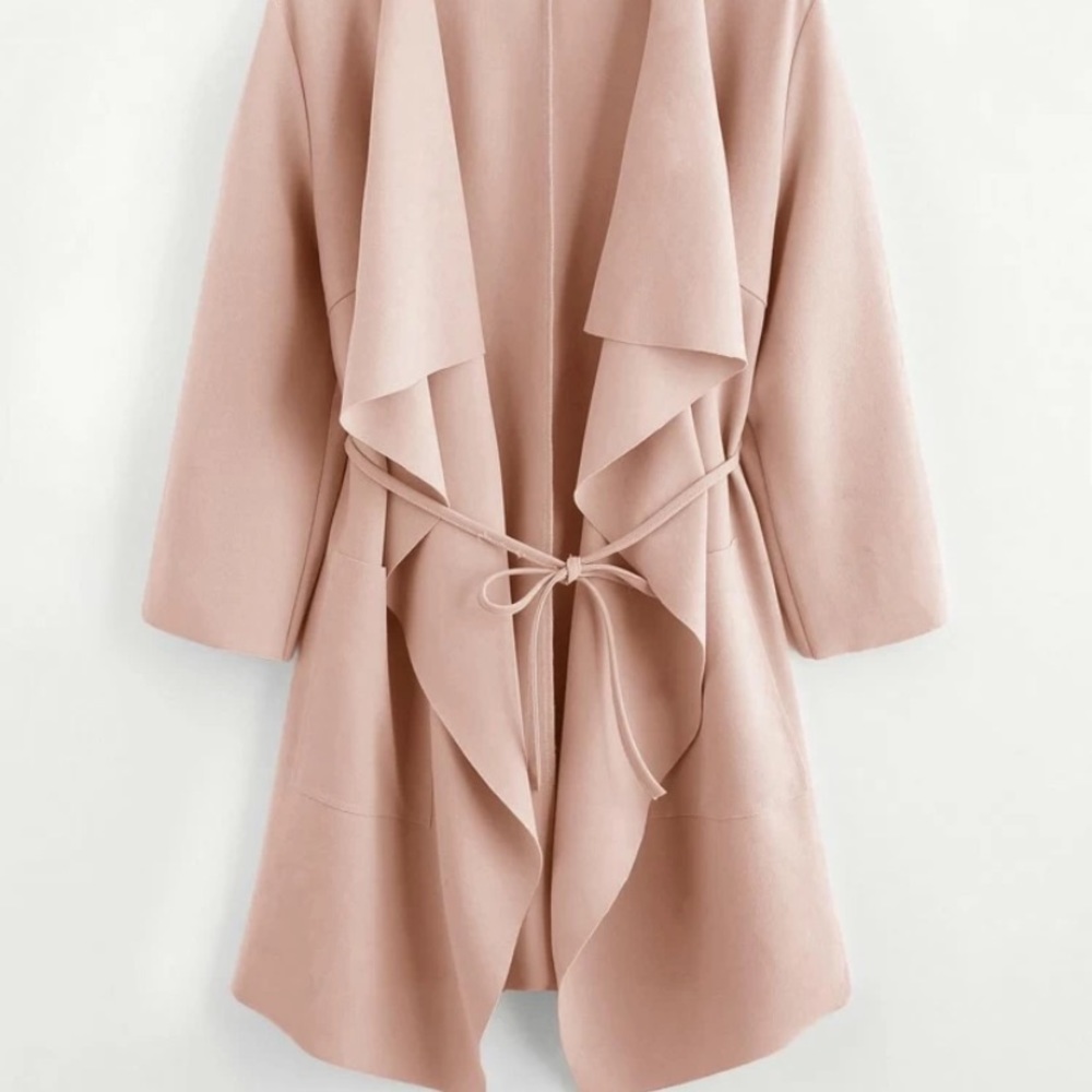 SHEIN Pink Waterfall Collar Front Wrap Coat